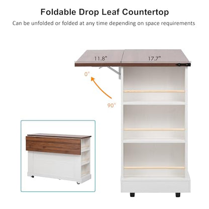 53'' Farmhouse Kitchen Island with Drop Leaf, Power Outlet,Tempered Glass Cabinet Doors,Rolling Kitchen Cart on Wheels for Dining Room or Living Room (White/P) - color: White/P)