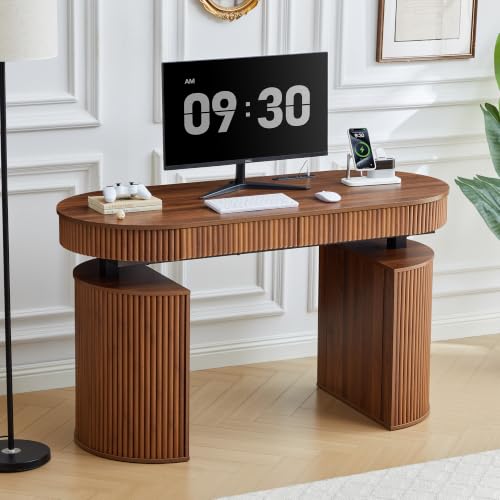 Electric Standing Desk with Storage and USB & Type-C Charging Ports, Adjustable Height Stand Up Desk, Mid Century Modern Fluted Workstation Desk for Home Office (Walnut) - color: Electric Walnut