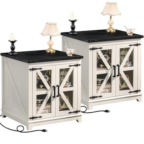 Joaxswe Farmhouse End Table Set 2 for Living Room, Charger Station | USB Ports, Glass Barn Door, Solid Wood Legs, 24" Large Sofa Side Table, Adjustable Shelf, White Square Table for Bedroom - color: White, size: Set 2