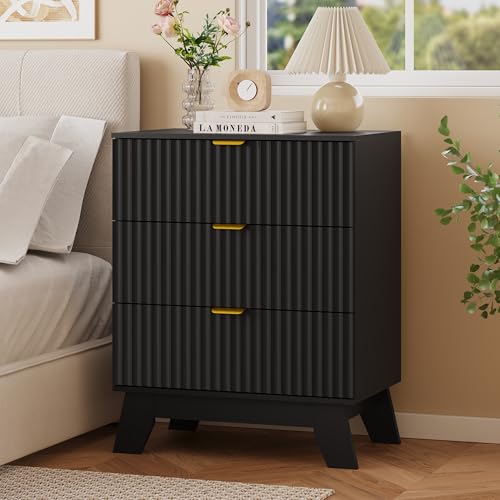 Fluted Nightstand with 3 Large Drawers, Wooden Side End Table with Elevated Legs for Easy Cleaning, Sturdy Modern Beside Table for Small Space, Bedroom, Black, 24" L - color: Black