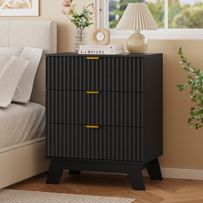 Fluted Nightstand with 3 Large Drawers, Wooden Side End Table with Elevated Legs for Easy Cleaning, Sturdy Modern Beside Table for Small Space, Bedroom, Black, 24" L - color: Black