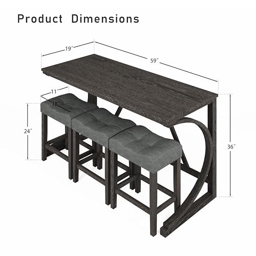 allamazing 4-Piece Counter High Bar Table Set with Socket and 3 Fabric Padded Bar Stools, Tall Kitchen Breakfast Nook with Stool, Black - color: 1+3 Black