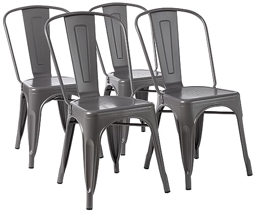 Amazon Basics Metal Dining Chairs, Easy to Assemble, Indoor/Outdoor, Stackable, 330-Pound Capacity, Dark Gray, 4-Pack, 20.1 x 17.1 x 33.5 inches - color: Dark Grey