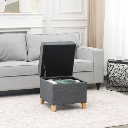 Linen Storage Ottoman, 17.5 Inch Square Upholstered Footrest Stool with Hinged Lid for Living Room, Bedroom & Entryway, Small Cube Accent Foot Stool, Grey with Natural Wood Legs - color: Grey With Burlywood Legs
