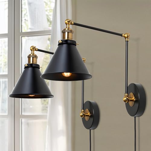 KSANA Black Gold Swing Arm Wall Sconce 2 Pack, Modern Wall Sconces Lighting Plug-in or Hardwired Adjustable Wall Lamp for Bedroom, Kitchen, and Living Room
