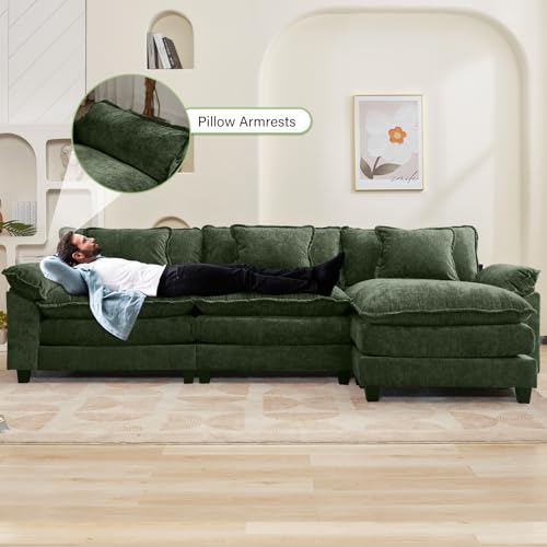120" Modular Sectional Sofa, Comfy Deep Cloud Couch with Ottoman | L-Shaped Couches for Living Room, Modular Couch, Deep and Wide Seat, Chenille Sofa Sleeper with Throw Pillows, Green - color: Green, size: 120 Inch L