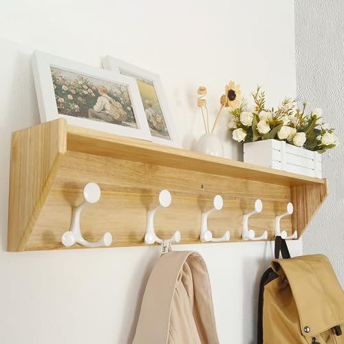 SKOLOO Wall Shelf with Hooks, 35-Inch Coat Rack Wall Mount with Shelf Organizer - Lightweight & Sturdy, 5 Tri Hooks - Perfect for Entryway, Hallway, Living Room, Bedroom, Mudroom, Natural & White - color: Natural & White, size: 35 inch with 5 hooks