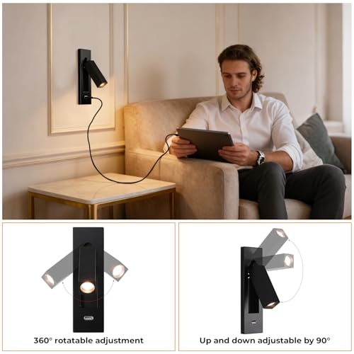 Wall Mounted Reading Light with USB, LED Bedside Reading Light with Switch, Adjustable Recessed Headboard Reading Lights Wall Sconce for Reading, Hardwired Reading Spotlight for Bedroom (Black) - color: Wall light-Black
