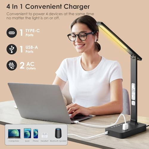 Power Strip with LED Desk Lamp: Table Lamp with Charging Station - 2 Outlets 1 USB-A Ports 1 Type-C Ports, Surge Protection and Led Display, 5ft Extension Cord, 5 Color Modes 5 Brightness - color: Black3