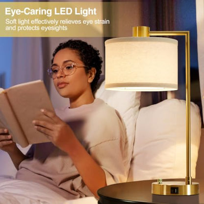 Gold Table Lamp Set of 2, Dimmable Bedside Lamps for Night Stands, USB A+C | Nightstand Lamp with Linen Lampshade, 2 LED Bulbs Included,Desk Lamp for Bedroom, Living Room, End Table, Reading, Office - color: Gold