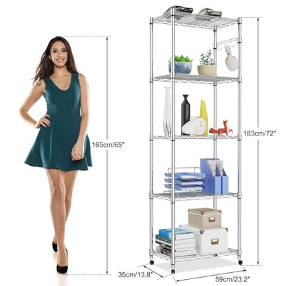 Homdox 5 Tier Steel Wire Shelving Unit on Wheels,Chrome Shelves for Garage Kitchen Living Room,Heavy Duty Shelving Rack, 23.2 x 13.8 x 72 inch (L x W x H) - color: Silver, size: 23.23*13.78*72.05 inch