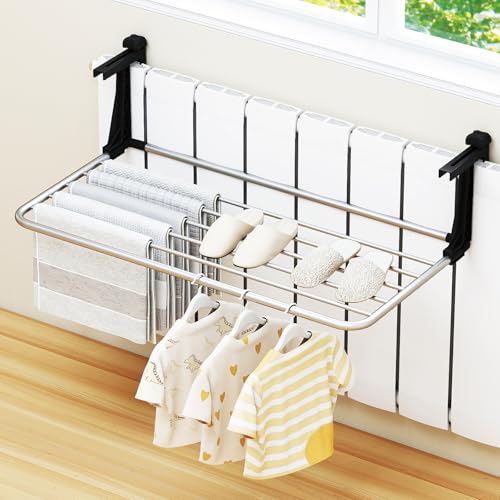 Tangkula Portable Clothes Drying Rack for Indoor & Outdoor Use(Large) | 1.2”-5.1” Adjustable Hook Length for Window sills Radiators Handrails & Guardrails | 2” Hanging Space | Robust Aluminum Frame - size: Large