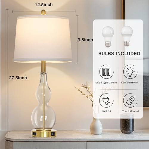 Rinweey 27.5" Clear Glass Table Lamp Set of 2,3-Way Dimmable Touch Control Bedside Lamps with USB Ports and AC Outlet, Modern Nightstand Lamps Gold lamp for Bedroom Living Room - color: Clear