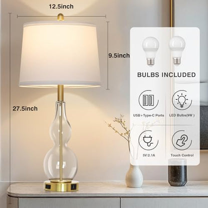 Rinweey 27.5" Clear Glass Table Lamp Set of 2,3-Way Dimmable Touch Control Bedside Lamps with USB Ports and AC Outlet, Modern Nightstand Lamps Gold lamp for Bedroom Living Room - color: Clear