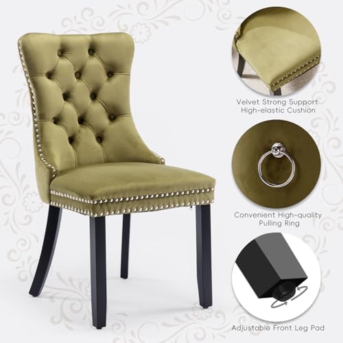 Velvet Upholstered Dining Chairs Set of 8, Modern Style Kitchen Side Chairs with Nailhead Trim and Wood Legs,Metal Pulling Ring for Dining Room Living Room(Olive Green) - color: Olive Green, size: Set of 8