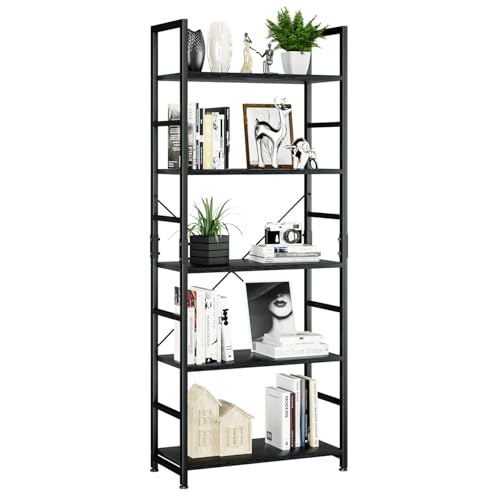 NUMENN 5 Tier Bookshelf, Tall Freestanding Open Storage Bookcase, Black | Storage Organizer with Metal Frame & Wood Shelves, Support Bars & Adjustable Feet for Bedroom, Living Room & Home Office - color: Black, size: 5 Tier