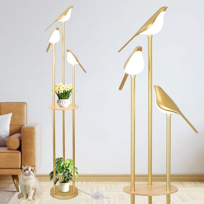 거실용 골드 플로어 램프, 선반이 있는 모던 플로어 램프, 조절 가능한 LED 새 조명 3개가 있는 미드 센추리 스탠딩 램프, 테이블이 있는 코너 톨 램프, 침실 어린이 방을 위한 황동 스탠드업 램프 - color: 골드.