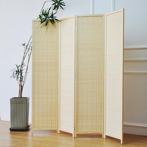4 Panel Bamboo Room Divider - 5.6 ft Tall Folding Privacy Screen, Natural Beige Freestanding Partition Wall for Home Office & Room Separation (67" H x 61.4" W) - color: Beige, size: 4 Panel