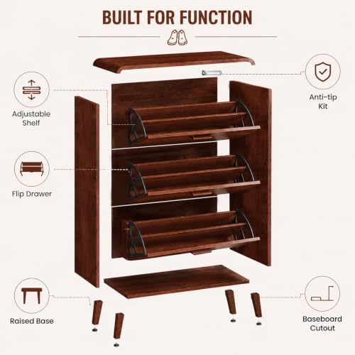3 Tier Slim Shoe Cabinet with Flip Drawers, Entryway Shoe Storage | Store 18-24 pairs of shoes with flip drawers and adjustable shelves for narrow entryways, apartments and small spaces.