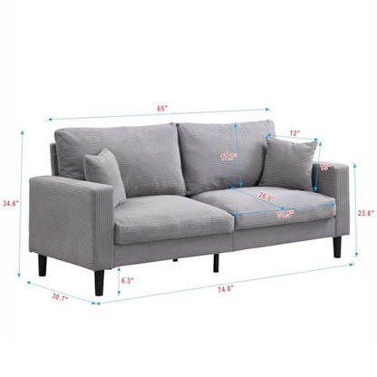 74" Light Gray Three Seater Sofa Couch, High Resilience Upholstered Comfy Couch with 2 Pillows Sturdy Wood Frame Space Saving Modern Sofa Living Room Bedroom Apartment Small Space (Light Gray 3 Seat) - color: Light Gray, size: 3 Seat