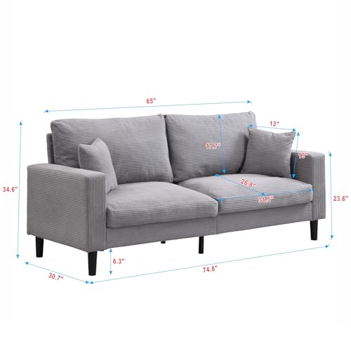74" Light Gray Three Seater Sofa Couch, High Resilience Upholstered Comfy Couch with 2 Pillows Sturdy Wood Frame Space Saving Modern Sofa Living Room Bedroom Apartment Small Space (Light Gray 3 Seat) - color: Light Gray, size: 3 Seat
