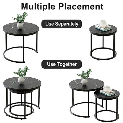 aboxoo Round Nesting Coffee Table Side Set of 2 End Tables for Living Room Bedroom Balcony,Black Faux Marble Wooden Table 23.6IN Accent Large Coffee Table with Steel Frame - color: Black Marble