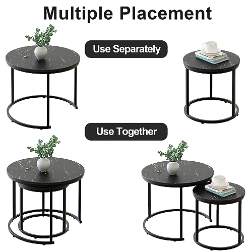 aboxoo Round Nesting Coffee Table Side Set of 2 End Tables for Living Room Bedroom Balcony,Black Faux Marble Wooden Table 23.6IN Accent Large Coffee Table with Steel Frame - color: Black Marble