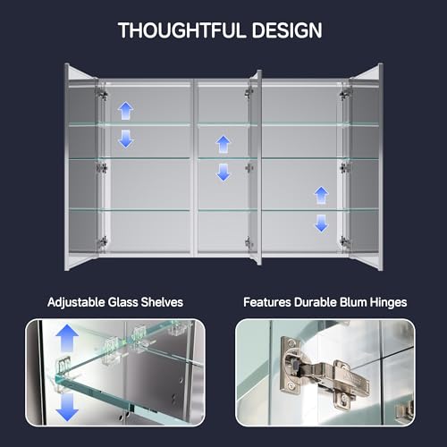 52"x36" Medicine Cabinet with Mirror & Soft Close Hinges, Surface Mount or Recessed Medicine Cabinet with Adjustable Shelves, Bathroom Wall Medicine Cabinet with Storage, Aluminum Alloy Frame, Combo - size: 52" x 36"