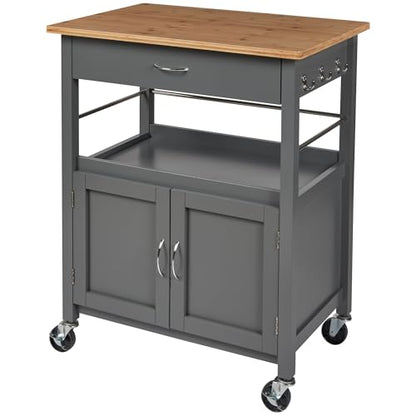 Kitchen Island Cart on Wheels, Gray Base, Natural Bamboo Top | Drawer, Storage Cabinet, Shelf, Butcher Block - color: Grey Base