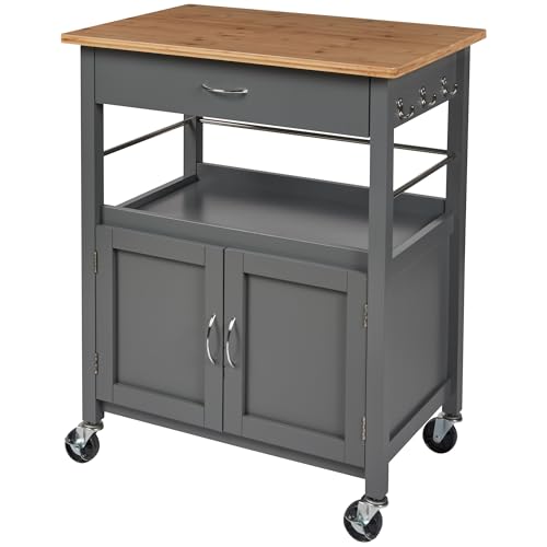 Kitchen Island Cart on Wheels, Gray Base, Natural Bamboo Top | Drawer, Storage Cabinet, Shelf, Butcher Block - color: Grey Base