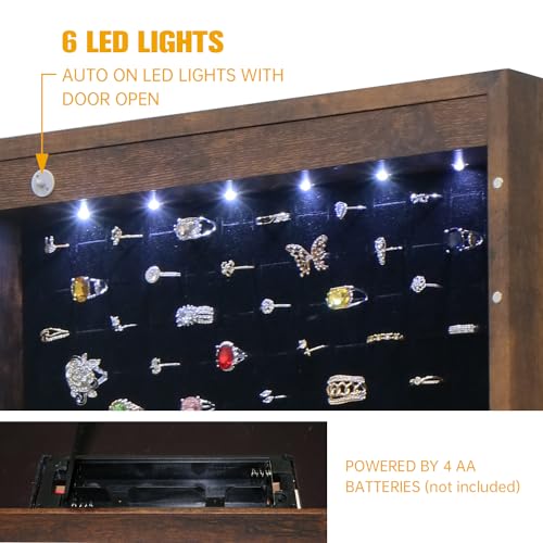 LED Jewelry Cabinet Armoire Organizer,Wall/Door Mount Jewelry Organizer and Storage with Full-Length Mirror Hanging Jewelry Organizer Full Length Mirror with Storage Large Capacity - color: Rustic Brown, size: 43.3*14.6 LED Mirror