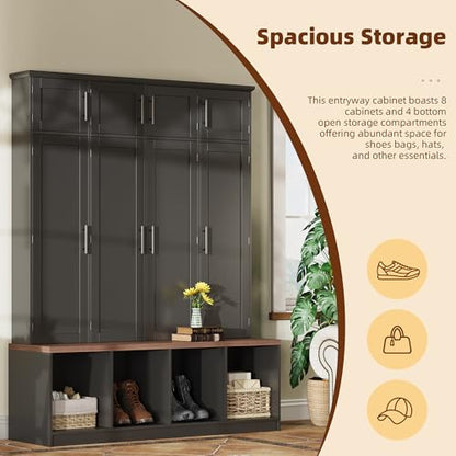 JIVOIT 75" H Farmhouse Hall Tree with Storage, Versatile 4-in-1 Coat Hanger with 4 Hidden Hanging Hooks, 8 Doors, Entryway Shoe Cabinet with Open Compartments for Living Room (Black//23) - color: Black//23