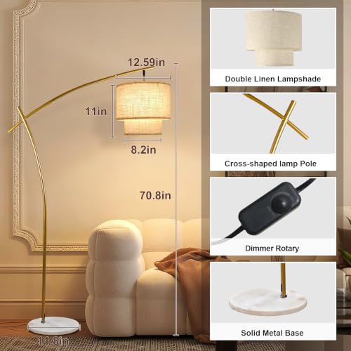 Lightdot Arc Floor Lamp for Living Room, Modern Standing Tall Lamps with Double Linen Shade, Tall Hanging Pole Lamp with Stable Base & Bulb Included for Bedroom/Sofa Beside/Corner Decor-Gold - color: Fabric-Gold