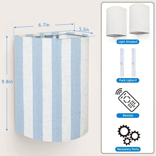 Wall Sconces Set of Two Battery Operated Blue Stripes Classic Striped Seamless Hand Drawn Brush Strokes Stripes Plug in Wall Lights Fixtures Remote Dimmable for Bedroom Living Room Hallway