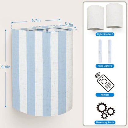 Wall Sconces Set of Two Battery Operated Blue Stripes Classic Striped Seamless Hand Drawn Brush Strokes Stripes Plug in Wall Lights Fixtures Remote Dimmable for Bedroom Living Room Hallway