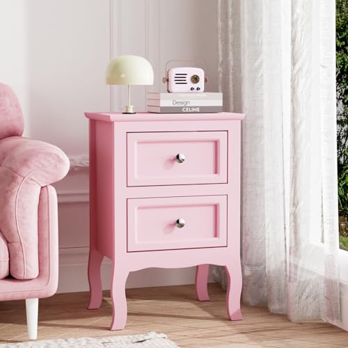Bonnlo Nightstand Set of 2, Nightstands with 2 Drawers, Bed Side Table/Night Stand, Pink Nightstand, Small Nightstand for Bedroom, College Dorm, Kids’ Room, Living Room, Wood, 16W x 12D x 24H - color: Pink