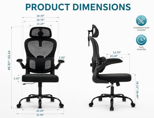 Ergonomic Office Chair with Adjustable Headrest & Lumbar Support, High Back Mesh Desk Chair, 330 LBS Capacity Swivel Computer Chair with Flip-Up Arms, Home Office Gaming Chair(Black) - color: Black