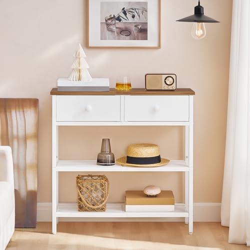 HOOBRO 29.5" Narrow Console Table with 2 Fabric Drawers, Sofa Table, Small Entryway Table with 3-Tier Storage Shelves, Behind Couch Table, for Living Room, Hallway, Walnut and White WH72XG01 - color: Walnut + White