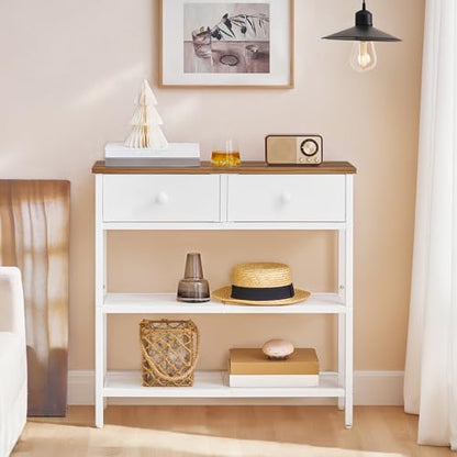 HOOBRO 29.5" Narrow Console Table with 2 Fabric Drawers, Sofa Table, Small Entryway Table with 3-Tier Storage Shelves, Behind Couch Table, for Living Room, Hallway, Walnut and White WH72XG01 - color: Walnut + White