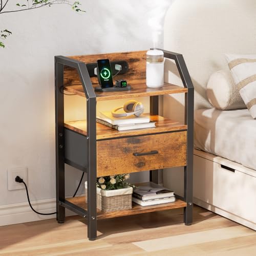 HLDIRECT Compact Nightstand with Charging Station, Warm LED Bedside Table | Fabric Drawer & Shelf, FSC Wood, 66 lbs, 18.1"W x 11.5"D x 26"H, Adjustable Feet, Compact for Small Bedroom, Dorm, Brown - color: Rustic Brown, size: 1 Drawer