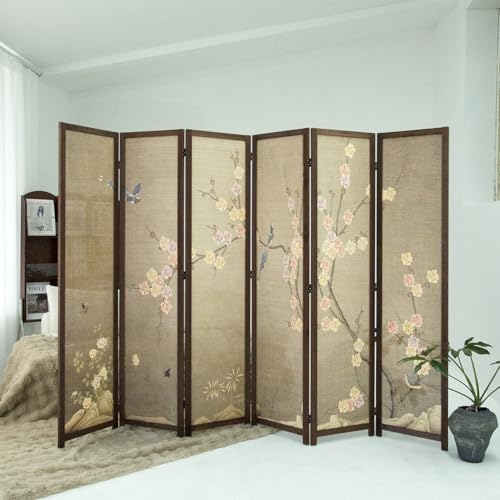 6 Panel Bamboo Room Divider, Freestanding Folding Privacy Screen | 5.6 ft Bamboo Print Screen, Divider for Room Separation, Foldable Panel Screen, Double-Sided Colourful Plum Design - color: Colourful Plum, size: 6 Panel