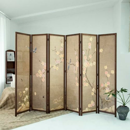 6 Panel Bamboo Room Divider, Freestanding Folding Privacy Screen | 5.6 ft Bamboo Print Screen, Divider for Room Separation, Foldable Panel Screen, Double-Sided Colourful Plum Design - color: Colourful Plum, size: 6 Panel
