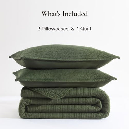 100% Cotton Queen Green Quilt Set, Striped Quilted Bedspread | Soft Lightweight Bedspreads Coverlets Set with 2 Pillow Shams, All Season Use, Soild Bedding for Bedroom, Guest Room, 90"x96" - color: 와이드스티치-아미 그린, size: 퀸(90 x 96인치)