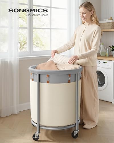 SONGMICS Laundry Basket, Rolling Steel Frame with 2 Locking Wheels, 190 L | Heavy-Duty Laundry Hamper Cart with Removable Bag, Dove Gray and Cream White, URLS001GD02 - color: Dove Gray + Cream White, size: 190 L (1-Section)