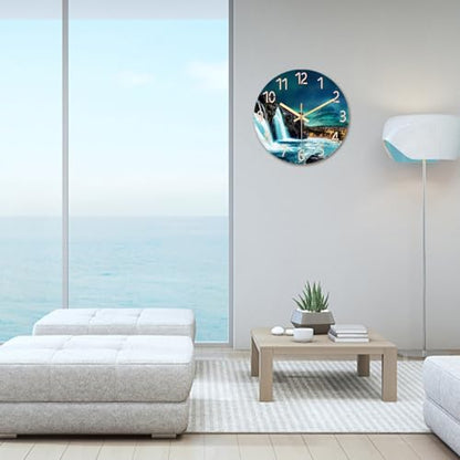 XNM Glass Teal Wall Clocks Battery Operated 12 Inch | Analog Natural Landscape Wall Clock for Bedroom Living Room Kitchen Round Small Silent Clock - color: Teal 10, size: 12 Inch