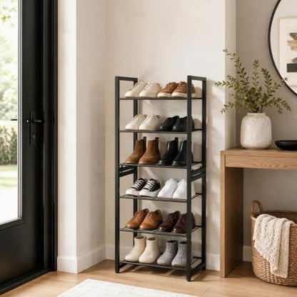 6 Tier Shoe Rack, Stackable Metal Organizer with Adjustable Feet, 2-in-1 Shoe Shelf Holds 12 Pairs, Perfect for Entryway Garage Closet, Black - size: 6 Tier