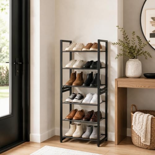 6 Tier Shoe Rack, Stackable Metal Organizer with Adjustable Feet, 2-in-1 Shoe Shelf Holds 12 Pairs, Perfect for Entryway Garage Closet, Black - size: 6 Tier