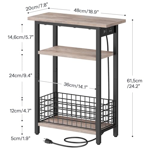 HOOBRO Narrow Side Table with Charging Station and LED Light, Small End Table with Storage, Skinny Nightstand with USB Port, Slim Bedside Table for Small Spaces, Living Room, Greige BG242UDBZ01 - color: Greige + Black