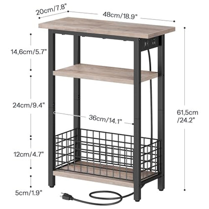 HOOBRO Narrow Side Table with Charging Station and LED Light, Small End Table with Storage, Skinny Nightstand with USB Port, Slim Bedside Table for Small Spaces, Living Room, Greige BG242UDBZ01 - color: Greige + Black