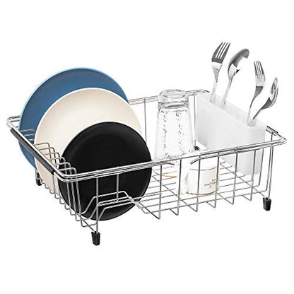 Expandable Multifunctional Dish Drying Rack, Over The Sink, in Sink Or On Counter Dish Drainer Rack Organizer Shelf with White Utensil Silverware Holder, Rustproof Stainless Steel - color: White